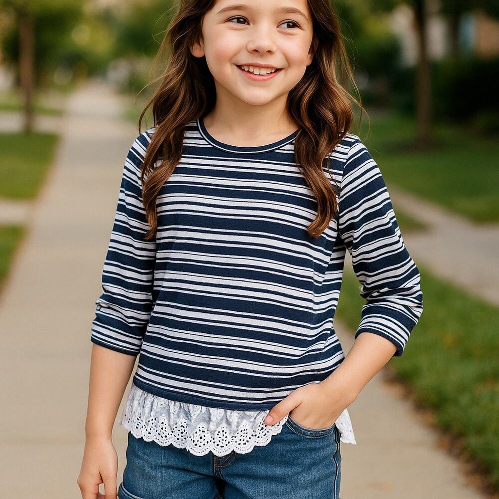 max + riley Girls Top Size 14 Black Ivory Striped Ribbed Lace Trimmed Tunic Knit